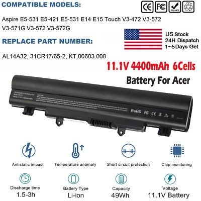 Batería AL14A32 para Acer Aspire E5-421 E5-471 E5-571 V3-571G V3-472 V5-572 6 celdas Foto 1 de 4