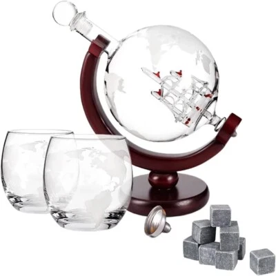 Whiskey Decanter Globe Ship & Whiskey Glasses & Stones NEW Whiskey Gift Set - Image 1 of 4