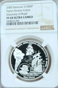 2000 SAHARAWI SILVER 1000 PESETAS DISCOVERY OF BRAZIL NGC PF 68 ULTRA CAMEO RARE - Picture 1 of 4