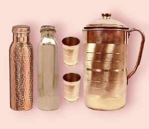 100% Pure Copper Water Jug Pitcher Tumbler Glass Bottle Cup Ayurved Benefit Gift - Picture 1 of 6