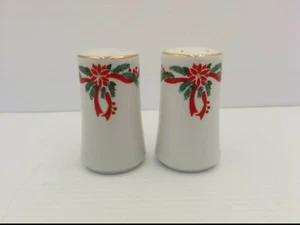 TIENSHAN SALT & PEPPER SHAKER SET, 3-1/2", CHRISTMAS POINSETTIA & RIBBON PATTERN - Picture 1 of 4