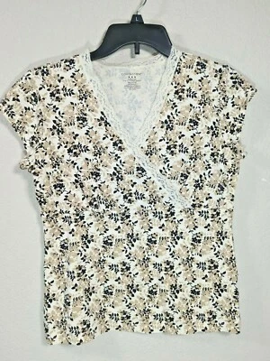 Top tejido con estampado floral negro beige Covington bordes de encaje informal talla M Foto 1 de 4