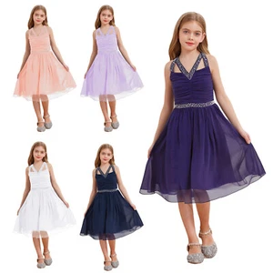 Kids Girls Flower Dress Crossed Spaghetti Strap  A-line Ruched Banquet Wedding - Picture 1 of 50