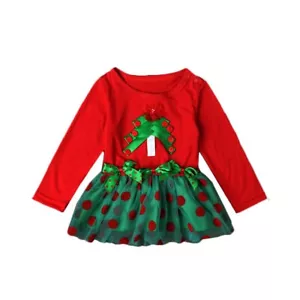 Christmas Girls Dress Bowknot Tree Decor Long Sleeve Tulle Party (12/18 mos)- - Picture 1 of 6
