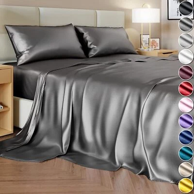 Juego de 4 sábanas de satén tamaño completo sedosas &amp; sábanas de satén lujosamente suaves Foto 1 de 4