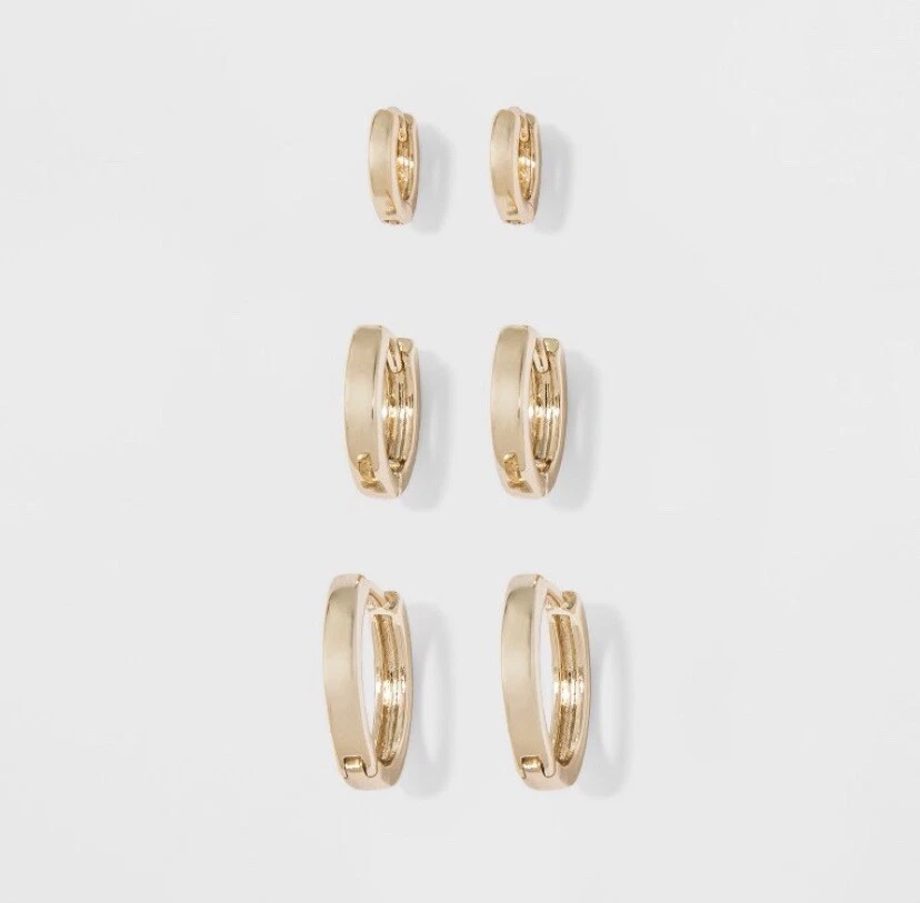 a Day Earrings Small 3 Pair Set Hoops Studs Gold Tone Nickel