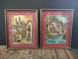 Max Vidal Mexican Street Art Watercolor Framed Adobe Village Signed 50's 16"X13 - Picture 1 of 8