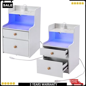 Set of 2 Nightstand End Side Table 2 Drawer Bedside Table with Charging Station - Picture 1 of 14
