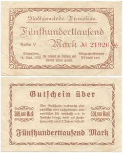 1923 BELGISCHE besetzte PIRMASENS in WEIMAR DEUTSCHLAND ""500.000 MARK"" NOTGELD NOTIZ - Bild 1 von 3