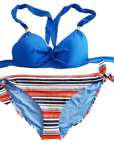 F&F Blue Mix Padded Bandeau Side Tie Halterneck Bikini Set UK 14/16 - Picture 1 of 5
