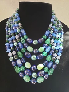 Vintage Gorgeous! Western Germany Multi Strand Glass Blue & Green Bead Necklace - Picture 1 of 13