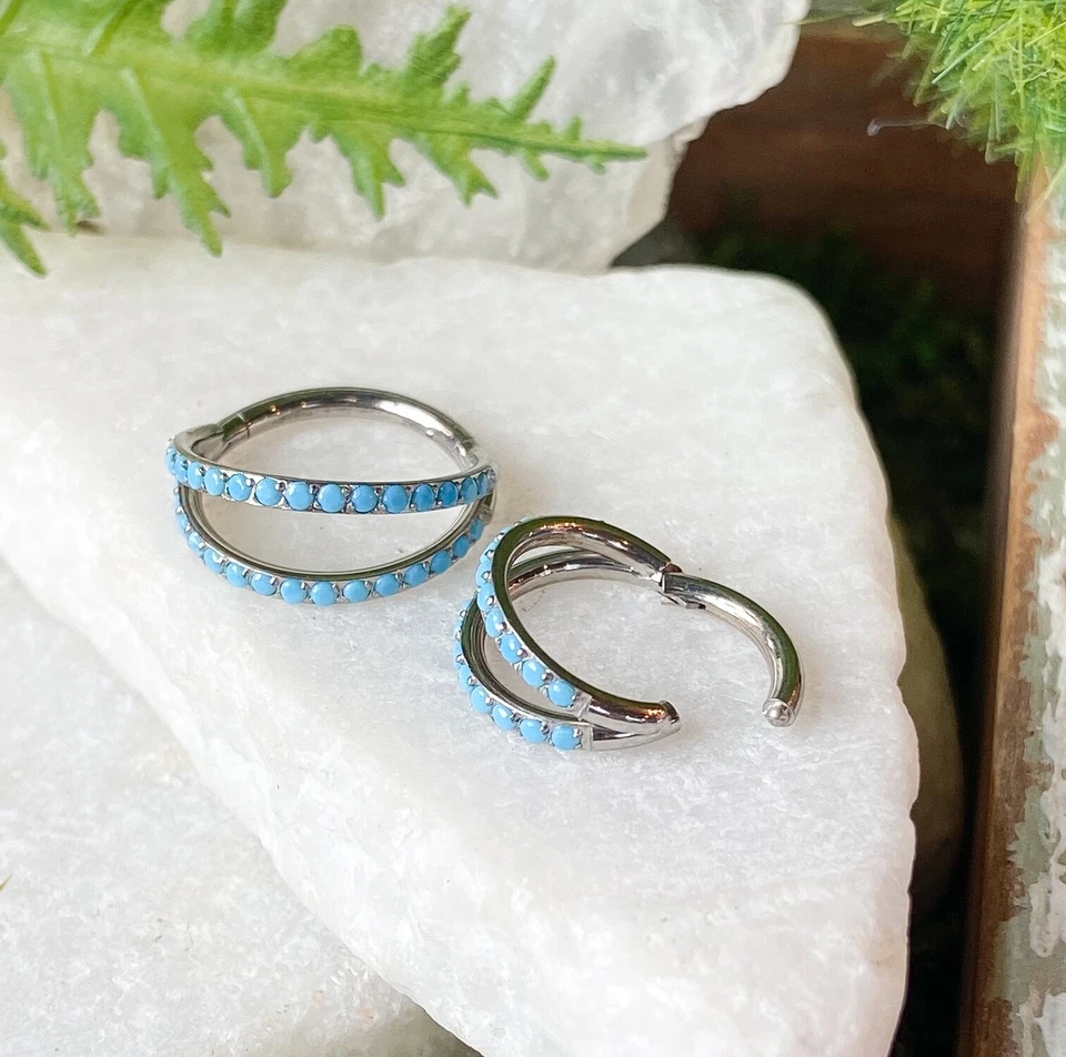 1 peça anel segmento articulado titânio duplo exterior turquesa septo argola hélice Daith - Imagem 1 de 4