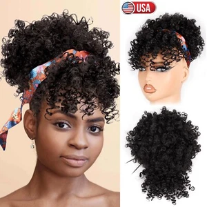 Afro Puff Kinky Curly Hair Ponytail Extension w/ Bangs Natural Hair Ponytail USA - Picture 1 of 12