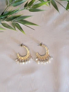 White House Black Market Goldtone and Freshwater Pearl Drop Hoop Earrings - Picture 1 of 3
