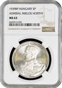 Hungary 5 pengo 1939 BP, NGC MS63, "Admiral Miklos Horthy" silver coin - Picture 1 of 2
