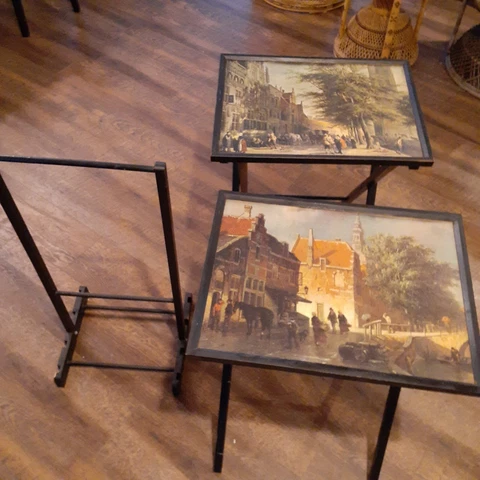 ARTEX Set of 2 Wooden Folding Snack Table TV Trays Vintage with Stand Rack MCM Cover