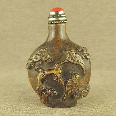 Botella de tabaco de piedra antigua de la dinastía Qing china flor de ciruelo urraca tallada a mano Foto 1 de 4