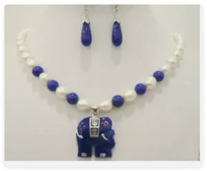 Natürliche weiße Reisperle & blaue Jade Elefant Anhänger Halskette 18" Ohrringe Set - Bild 1 von 6