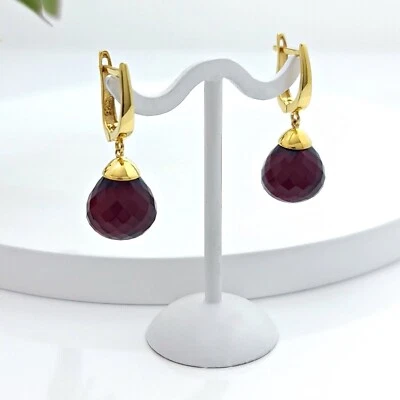 14K Oro Fill Granato Rosso Lacrima Pendenti Orecchini IN 925 Argento Sterling - Immagine 1 di 4