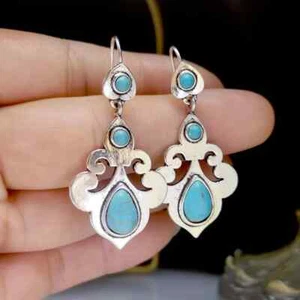 Handmade Natural Turquoise Water Drop Silver Tassel Earring-Floral Earring - Picture 1 of 8