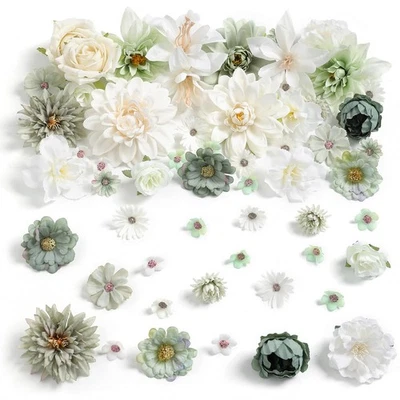Combo de cabezas de flores artificiales blanco verde mezcla flores de seda dalia ro... Foto 1 de 4