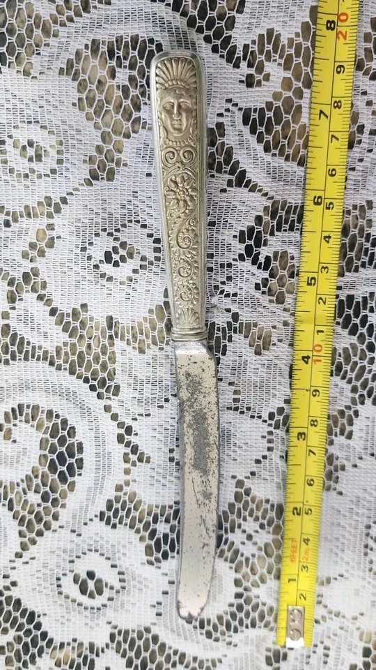 🤪¡RARO DESGASTADO c1886! CUCHILLO DE DESAYUNO DENTADO CABEZA ASIRIA CHAPADO EN PLATA🔎👀 Foto 1 de 4