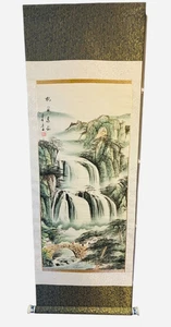 Vintage Chinese Waterfall Village  Scroll Wall Hanging Blue White Porcelain Knob - Picture 1 of 7