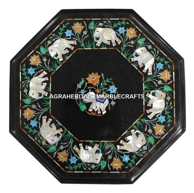 Black Marble Coffee Corner Table Top Rare Marquetry Elephant Garden Decor H2740 - Image 1 of 4