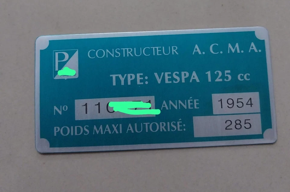 Placa de datos de aluminio apta para Vespa ACMA grabada  Foto 1 de 1
