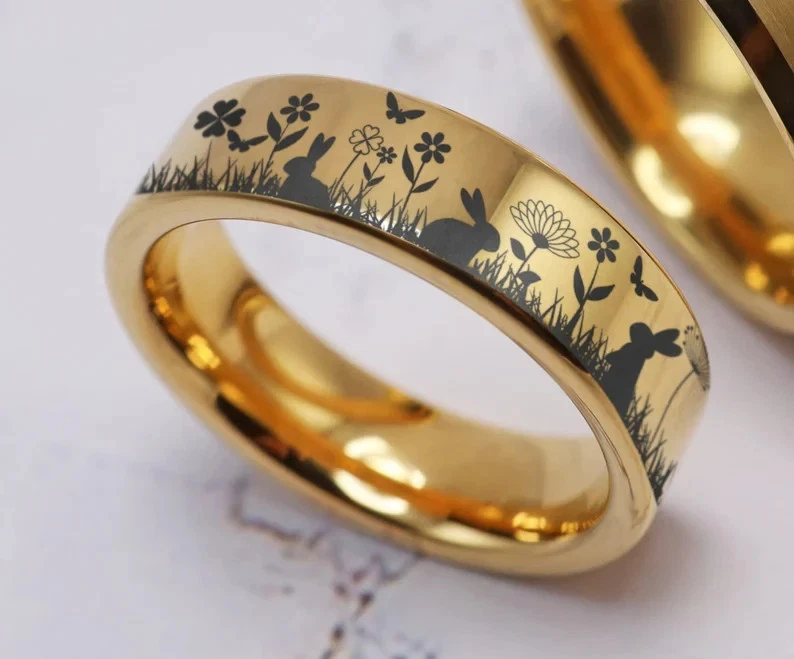Golden Unisex Tungsten Cute Easter Bunny Jewelry Minimal Wedding Ring Band - 6mm - Image 1 of 3