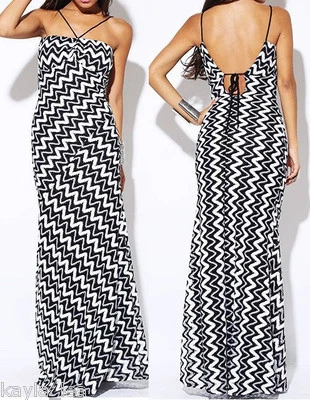 Gorgeous Black/White Chevron Lined Delicate Crochet Long Halter Maxi Dress S/M/L - Image 1 of 4