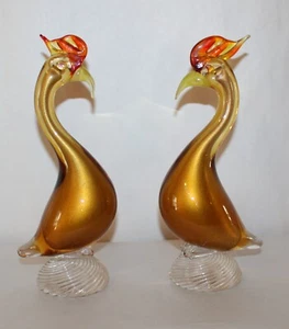 Pair of Gold Rooster's by Barovier / Italy 1940 / Glass Encased 18k gold Dust - Picture 1 of 11
