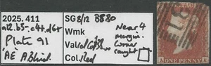 QV 1d red SG8/12 BS 80 Plate 91 'AE' CAT £38 (411) - Picture 1 of 4