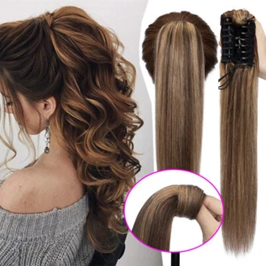 Long Ponytail Clip In 100% Remy Human Hair Extensions Wrap Around Claw Hairpiece - Picture 1 of 38
