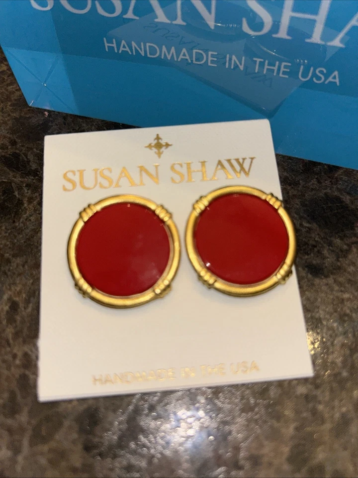 Susan Shaw Gold Ida Studs Post Backs 24kt TGP Made USA NWT $90 Red Coral - Image 1 of 1