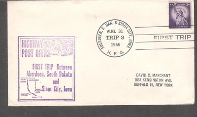1955 cachet cover HPO Highway Post Office Aberdeen SD & Sioux City Iowa - Image 1 of 2