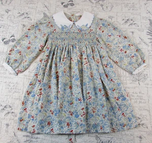 VINTAGE Chica Loo of London Mädchen Stich gesmokt blau weiß Blumen Kleid 5/6 - Bild 1 von 8