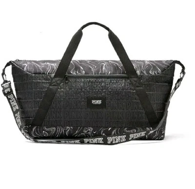  Victoria's Secret PINK Marbled Quilted Black Duffle Bag Weekender  Tote New - Image 1 of 4