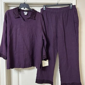 NWT’s Donna Plum 2-piece Top Pants Set Linen Lagenlook Artsy Blouse Sz 2XL - Picture 1 of 6