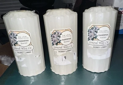 Paquete de 3 velas altas de pilar de cera perfumada Gardenia de 3 X 6 pulgadas General Wax Co NUEVO Foto 1 de 3