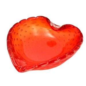 Vtg Venetian Art Glass Heart Bowl Candy Dish Bullicante Orange Controlled Bubble - Picture 1 of 19