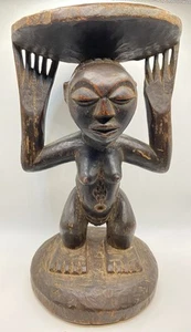 "Antiguo taburete cariátide Luba tallado a mano, República Democrática del Congo, 13x7,5""" - Imagen 1 de 13