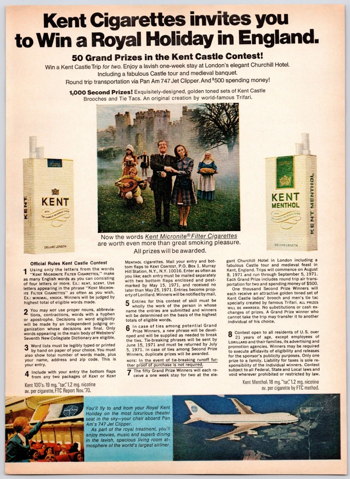 Kent Cigarettes England Royal Holiday Pan AM Clipper 747 anuncio impreso vintage 1971 Foto 1 de 1