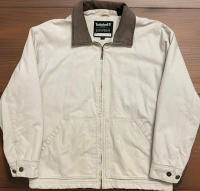 Vintage Timberland Barn Jacket Chore Coat 100% Cotton Leather Trim Khaki Sz Lg - Image 1 of 4