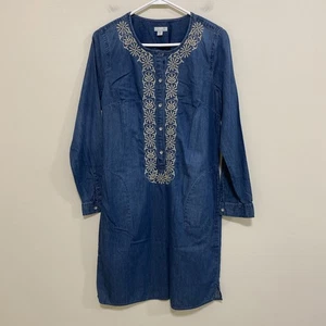 J Jill Small Missy Denim Dress Embroidered Pockets Long SLeeve 100% Cotton - Picture 1 of 5