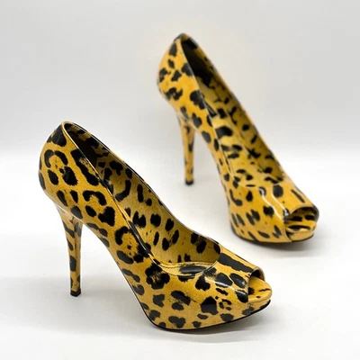 DOLCE & GABBANA Amarillo Leopardo Punta abierta Plataforma Bomba 9.5 Negro Animal Stiletto Foto 1 de 4