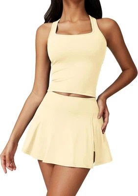 Conjunto de vestido de tenis de 2 piezas para mujer - Camiseta sin mangas acolchada y falda abertura para golf/entrenamiento Foto 1 de 4