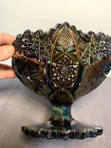 Fenton Black Amethyst Starburst Pinwheel Carnival Glass Compote Footed Bowl - Picture 1 of 8