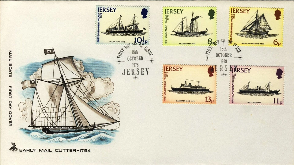 1978 Jersey FDC 'Mail Boats' with full set of 5 mail boat stamps 18/10/78 PM - Image 1 of 1