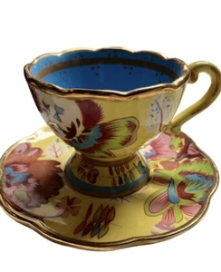 VINTAGE TRACY PORTER TEA CUP AND SAUCER HAND PAINTED YELLOW BLUE  - Picture 1 of 5